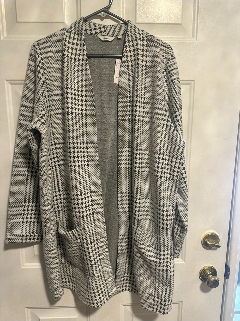 Open Front Houndstooth/ check Cardigan Sweater - Gray/Black